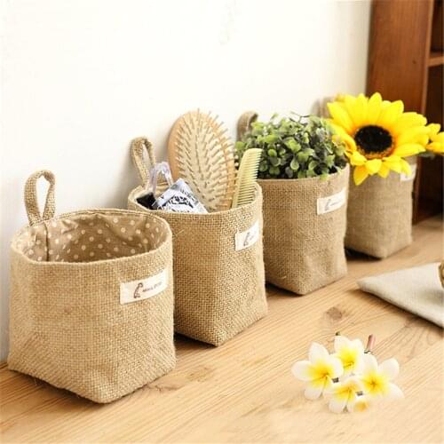 Small Storage Sack Stripe Dot Hanging bag Sundries storage basket jute cloth Flower Pot Cosmetic Bag Home Decor 14*12.5cm