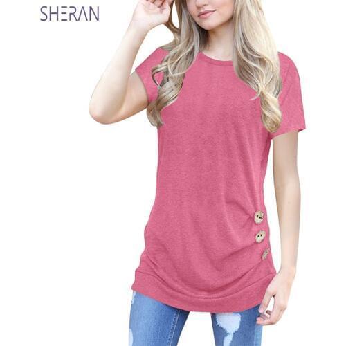 SHERAN Casual Plus Size T Shirt Women Loose Tshirt Tops O-Neck Short Sleeve Cotton Button Shirts Camisetas Mujer Verano 2018