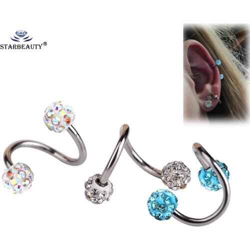 Starbeauty 2pcs Full Crystal S Labret Ring Titanium Anodized Bar Spiral Twister Tragus Ear Piercing Helix ring Body Jewelry