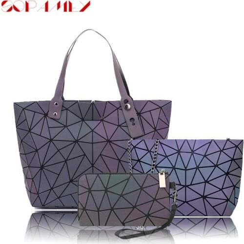 2020 Luminous Irregular Shoulder Bag Women Folding 3 Set Handbag Geometric Chain Bag Contracted Handbag Stylish Tote For Ladies