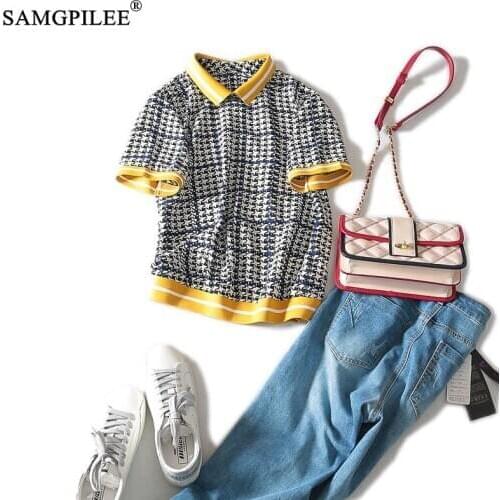 Top Summer Female Women Fashion T-shirts 2020 Casual Chiffon T-shirt Brand Women Short Sleeve Plaid New tshirt Plus Size Women