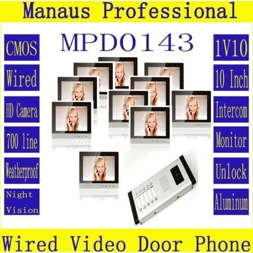 10 inch TFT Color Wired Digital One to Ten Video Doorphone System,Smart Home Waterproof Video Intercom System New Arrivals D143b