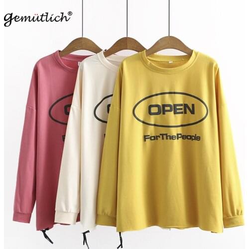GEMUTLICH Women Big Size Letter Print Hoodies Casual O-Neck Collar Pullover Sweatshirt Zipper Split Loose Autumn Top 2021 New