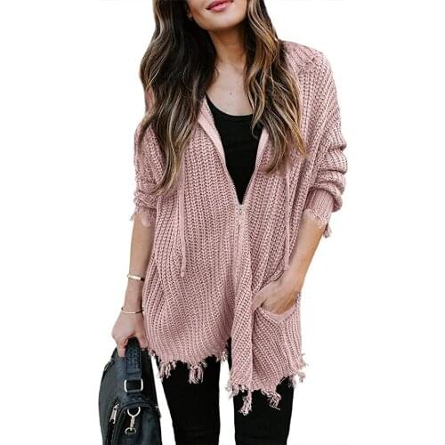 Ripped Zipper cardigans Sweater Women Casual Drawstring Hooded Cardigan Women Autumn Knitwear Coat