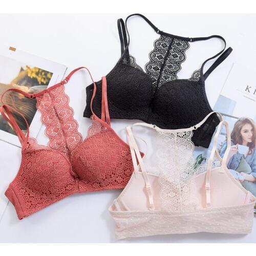 Wasteheart Women Fashion Black Red Gray Wireless Bras Padded Bras Female Lace Sexy Back Bras Bralette Cup A B Sexy Lingerie