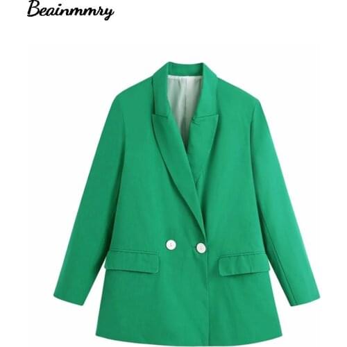 Za 2021 Women Green Double Breasted Blazer Outfits Spring And Autumn Office Lady Casual Turn Down Collar Long Sleeve Pants Suits