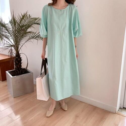 Women Summer Casual Mint Green Cotton Oversized Long Dress Puff Sleeve Round Collar Loose Midi Dresses Pockets