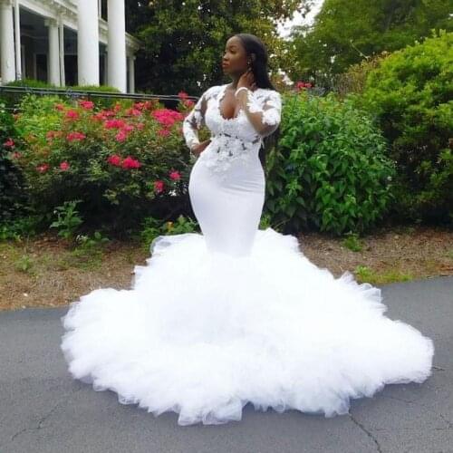 Plus Size African Mermaid Wedding Dresses 3D Lace Appliques Tiered Ruffles Wedding Dress Long Sleeves Bridal Gowns