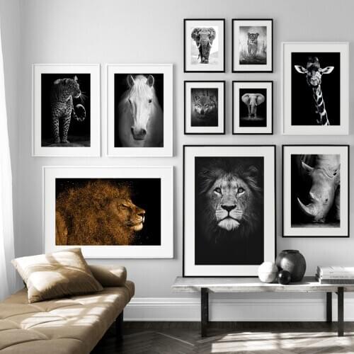 Canvas Painting Animal Giraffe Zebra Lion Elephant Horse Prints & Poster Black and White Art Wall Home Decor Decorative