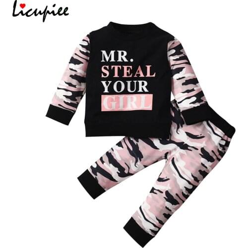 Baby Girls 2pcs Fall Outfits, Long Sleeve Letter Camouflage Print Pullover and Pants Set