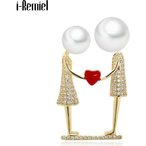 High-grade Couple Lover Heart Brooch for Women Pearl Zircon Wedding Jewelry Luxury Female Coat Pin Fashion Clothing Accessories