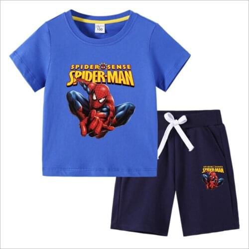 Disney childrens T-shirt summer new Spiderman childrens wear Korean cotton childrens short sleeve pants two piece suit