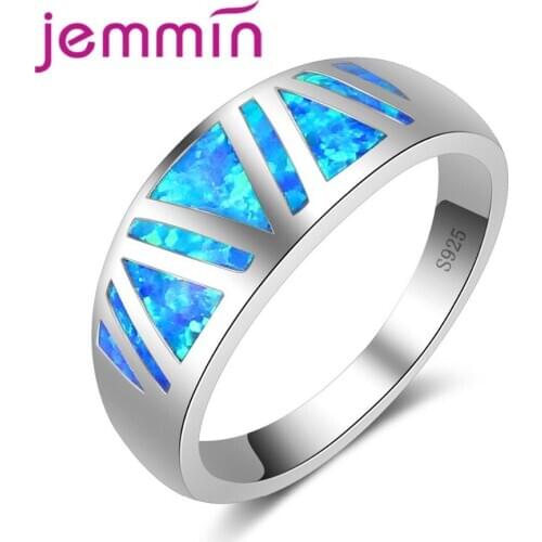 High Quality Geometric Shape Blue Fire Opal Ring 925 Sterling Silver Wedding Party Finger Rings For Women Men Anel