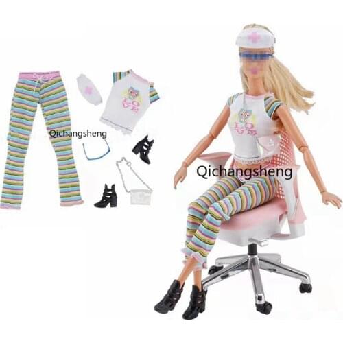 Fashion Nurse Outfits Set For Barbie Doll Clothes Hat Glasses Shirt Pants Shoes Bag 1/6 BJD Dollhouse Accessories Kids Toys Gift