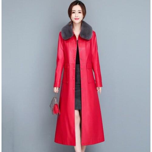 New Leather Coat Autumn Winter 2021 Fashion Warm Detachable Fur Collar Plus Cotton Liner Thick Slim Sheepskin Leather Overcoat