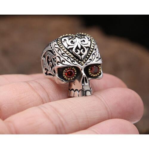 Solid Silver 925 Sugar Skull Rings Men Women With Red Stone Chunky Wide Band Handmade 925 Sterling Silver Gothic Biker Jewelry