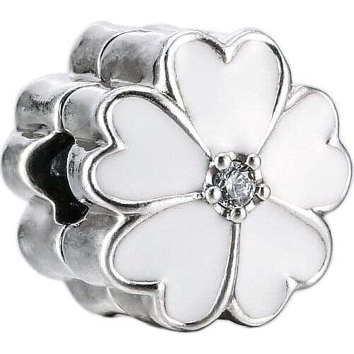 Original White Enamel Primrose Flower Clip Stopper Bead Fit 925 Sterling Silver Bead Charm Bracelet Diy Jewelry