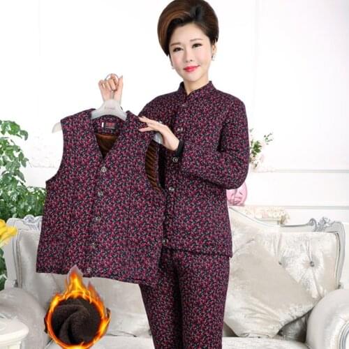 Autumn Winter Middle age clothing Long sleeve Ladies set Thicken Cotton clothing suit printing Three-piece suit Tops + pants 4XL