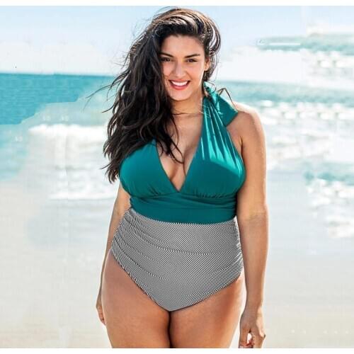 Plus Size One Piece Swimsuit Women Large Size Sexy V-neck Monokini Bathing Suit New Female Tummy Control Backless Beach Swimwear