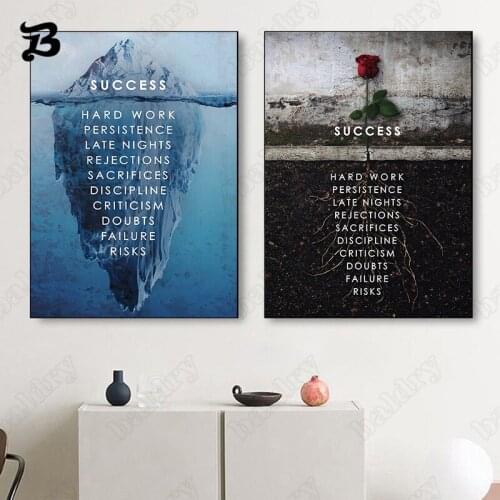 Success Quote Inspirational Ice Mountain and Flowers Canvas Painting Nordic Modern Wall Art Pictures for Office Room Decoration
