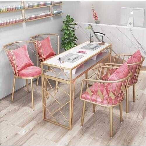Net red ins wind marble nail table and chair set single double gold iron simple nail table