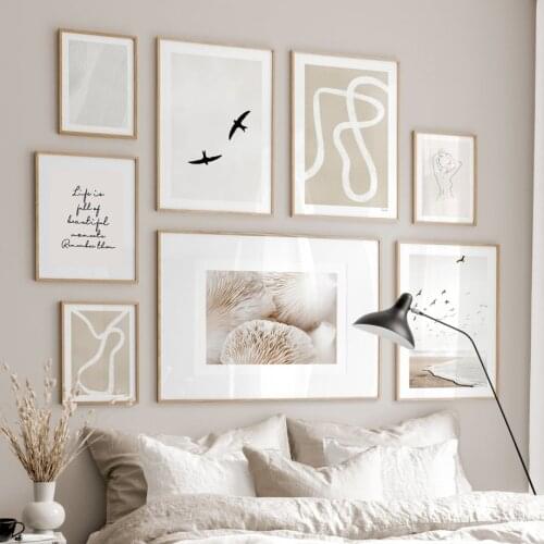 Calm Beach Bird Mushroom Dream Abstract Curve Lines Nordic Poster Wall Art Print Canvas Painting Decor Pictures For Living Room