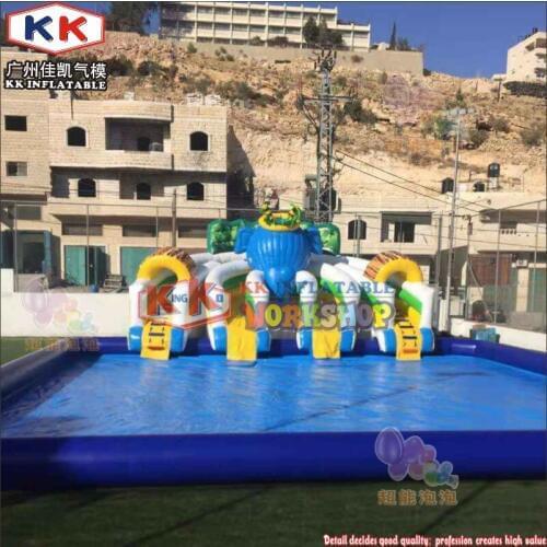 Safari theme Amusement Park Children Inflatable Bounce Round Water Slide With Pool