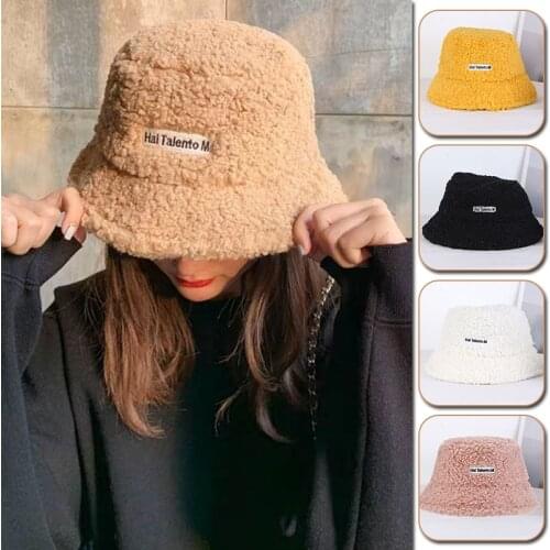 Winter Lamb Faux Fur Bucket Hat Thickened Warm Teddy Velvet Hats For Women Lady Panama Outdoor Plush Fisherman Hat Ear Protector