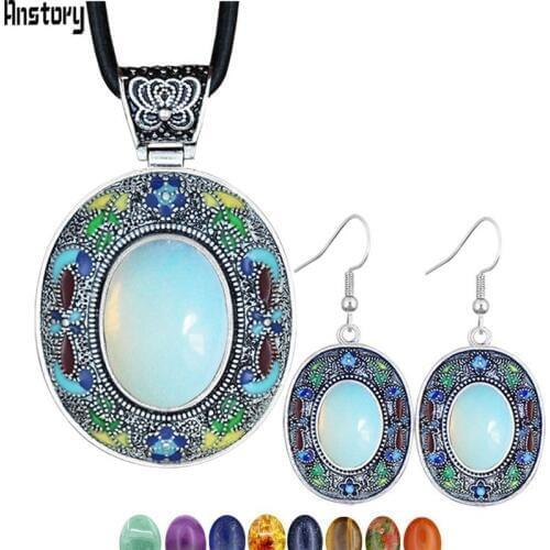 Vintage Oval Opal Jewelry Sets Natural Lapis Tiger Eey Unakite Quartz Necklace Earrings Bohemia Fashion Jewelry NE+EA TS456