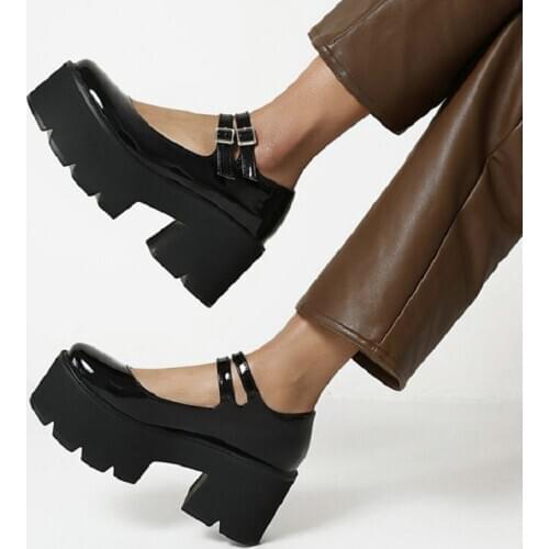 ZawsThia Patent PU Leather Yellow Purple Platform Chunky High Heels Womens Pumps Double Buckle Japanese Students Lady Mary Janes