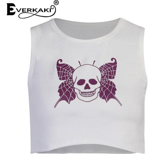 Everkaki Bohemian Skull Butterfly Print T-shirt Women Summer Sleeveless Tees Y2K Punk Boho Retro Crop Tops T-shirts Female 2021