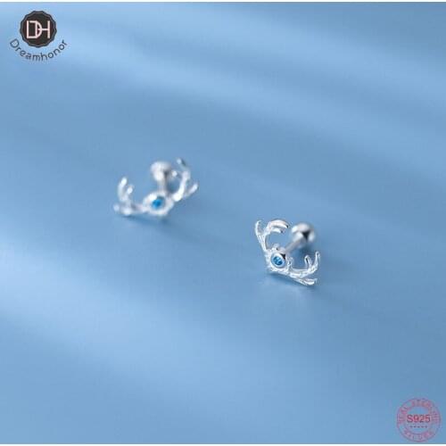 Dreamhonor Drop Shipping Blue Zircon Antlers Stud Earrings For Women Animal 925 Sterling Silver Jewelry