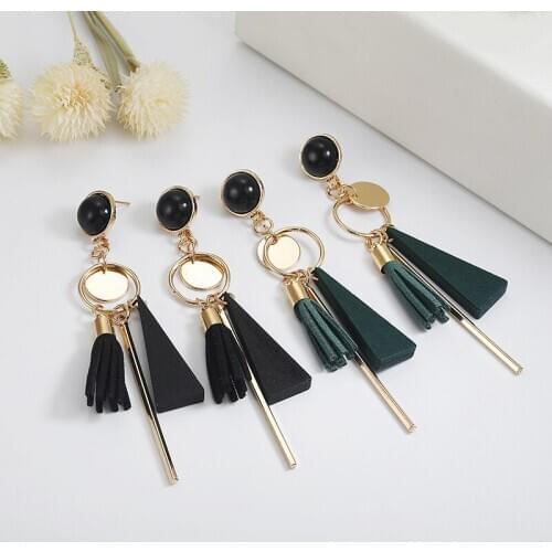 Fashion Triangle Geometric Wood Pendant Earrings For Women Retro Exaggeration Female Tassel Long Stud Accessories Jewelry