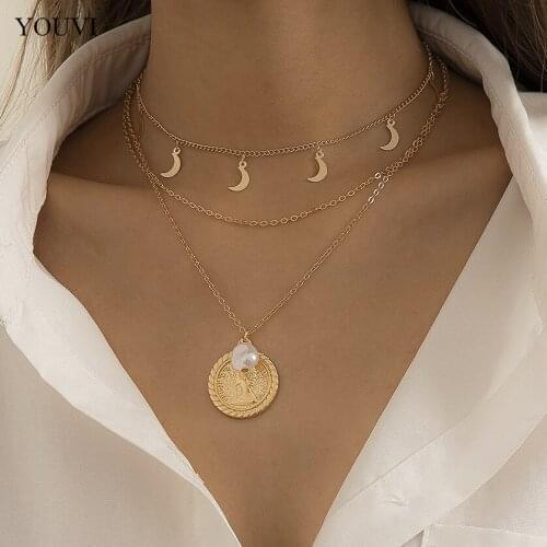 YOUVI Goth Vintage Boho Carved Coin Pendant Choker Necklace for Women Punk Baroque Pearl Chain Necklace Set Jewelry Accessories