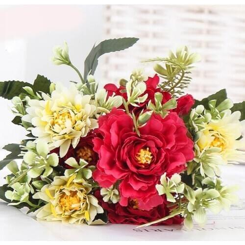 1 Bouquet Camellia Artificial Peony Rose Flowers Silk Fake flores Wedding Flower DIY Home Garden Party Decoration