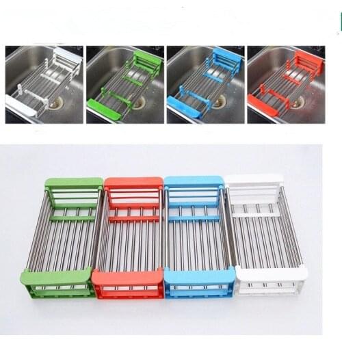 1PC Telescopic Kitchen Sink Dish Rack Insert Countertop Storage Organizer Tray Stainless Steel Fruits Vegetables Basket OK 0381