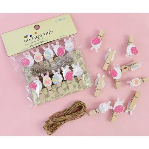 10pcs/lot Easter Wooden DIY Pgoto Clips Handmade Cartoon Bunny Rabbit Wood Photo Clips for Happy Easter Kids Birthday Decoration