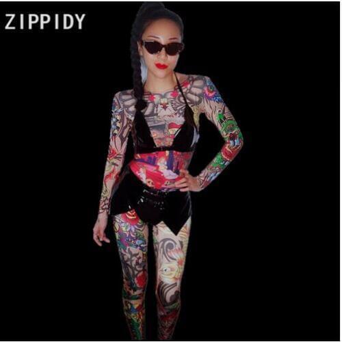 2018 Birthday Celebrate Stage Leggings Cartoon Pattern Spandex Jumpsuit Women Singer Dancer Nightclub Bar Bodysuit Womens Birt