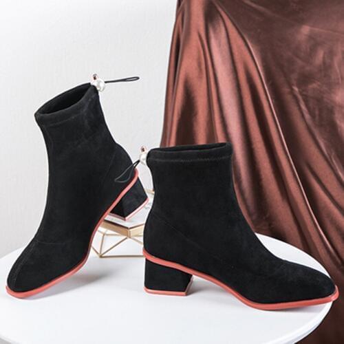 2020 Autumn Winter New Womens Short Boots Woman Martin Boots Female Wild Thick Heel Plus Velvet Stretch Suede Booties W21-94