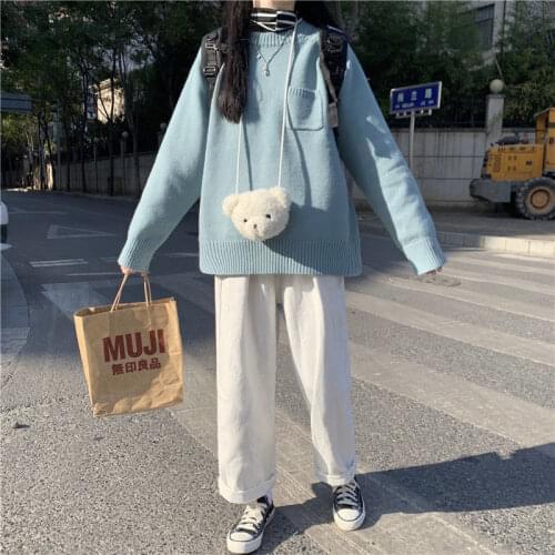 2021 Women Autumn Winter Elegant Pullovers Female Loose Pocket O-neck Long Sleeve Sweater Lady Casual Solid Knitted Jumpers H256