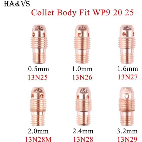 5/10Pcs 1.0/1.6/2.0/2.4/3.2mm TIG Collet Bodies 13N25 13N26 13N27 13N28M 13N28 13N29 For TIG WP9 20 25 Welding Torch Accessories