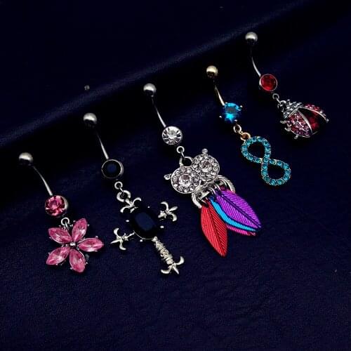 5pcs 2019 mix style vintage flower owl cross Ladybug infinity dangle navel belly bar button rings body piercing jewelry