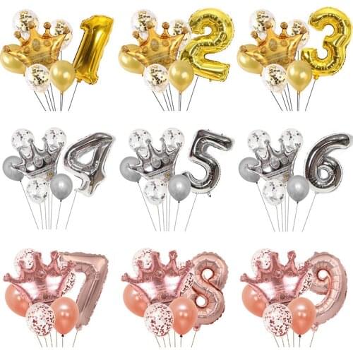 7 Pieces of Metal Globos Aluminum Film Latex Gold Crown Number Confetti Balloons Baby Birthday Wedding Valentine Decoration