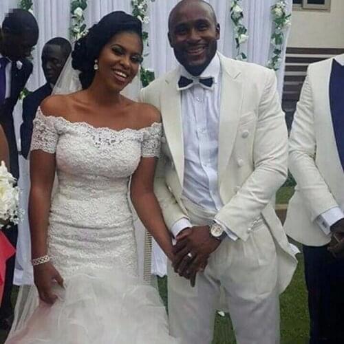 African Mermaid Wedding Dress Off Shoulders Top Lace Long Ruched Tulle Bridal Gowns Summer Country Customize Bridal Gowns