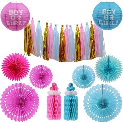 Baby Shower Decoration Welcome Boy or Girl Gender Reveal Party Handmade Paper Folding Fan Baby Bottle Tassel Blue Pink Lantern