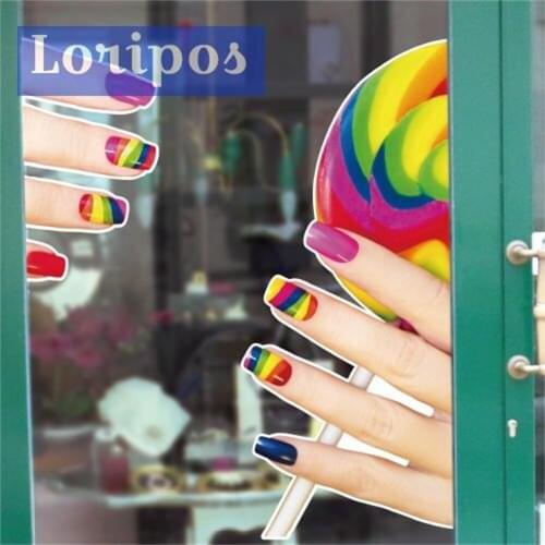 Nail Shop Decor Window Sticker Glass Door Ornament Stickers Pretty Colorful Finger Hand Wall Sticker Door Poster Window Banner
