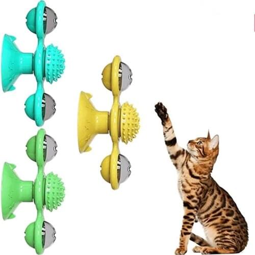 Cat Toy Windmill Portable Scratch Hair Brush Grooming Shedding Massage Suction Cup Catnip Cats Puzzle Training Interactive Toy