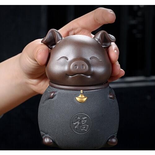 Purple Clay Tea Caddy Ceramic Sealed Storage Box Solicit Wealth Cat Small Happy Pig Tea Jars Black Tea Green Tea Pu'er Ornaments
