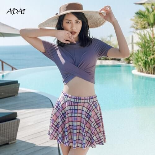 Swimsuit Women 2021 Korean Cute High Waist Bikini Print Striped O Neck V Waist Skirt 2 Piece Set Bathing Suit Push Up Monokini