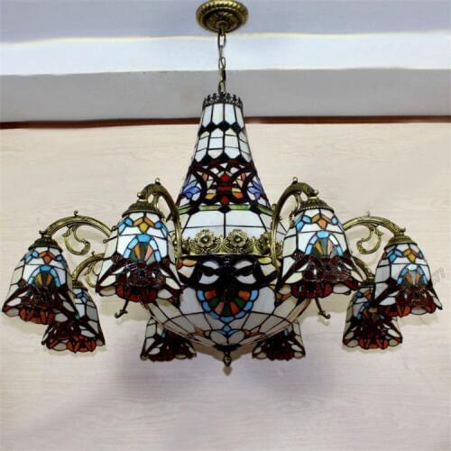 Baroque Shape Tiffany Chandelier European Vintage Glass Suspension Light Bar Hotels Hanging Lamp Pendientes